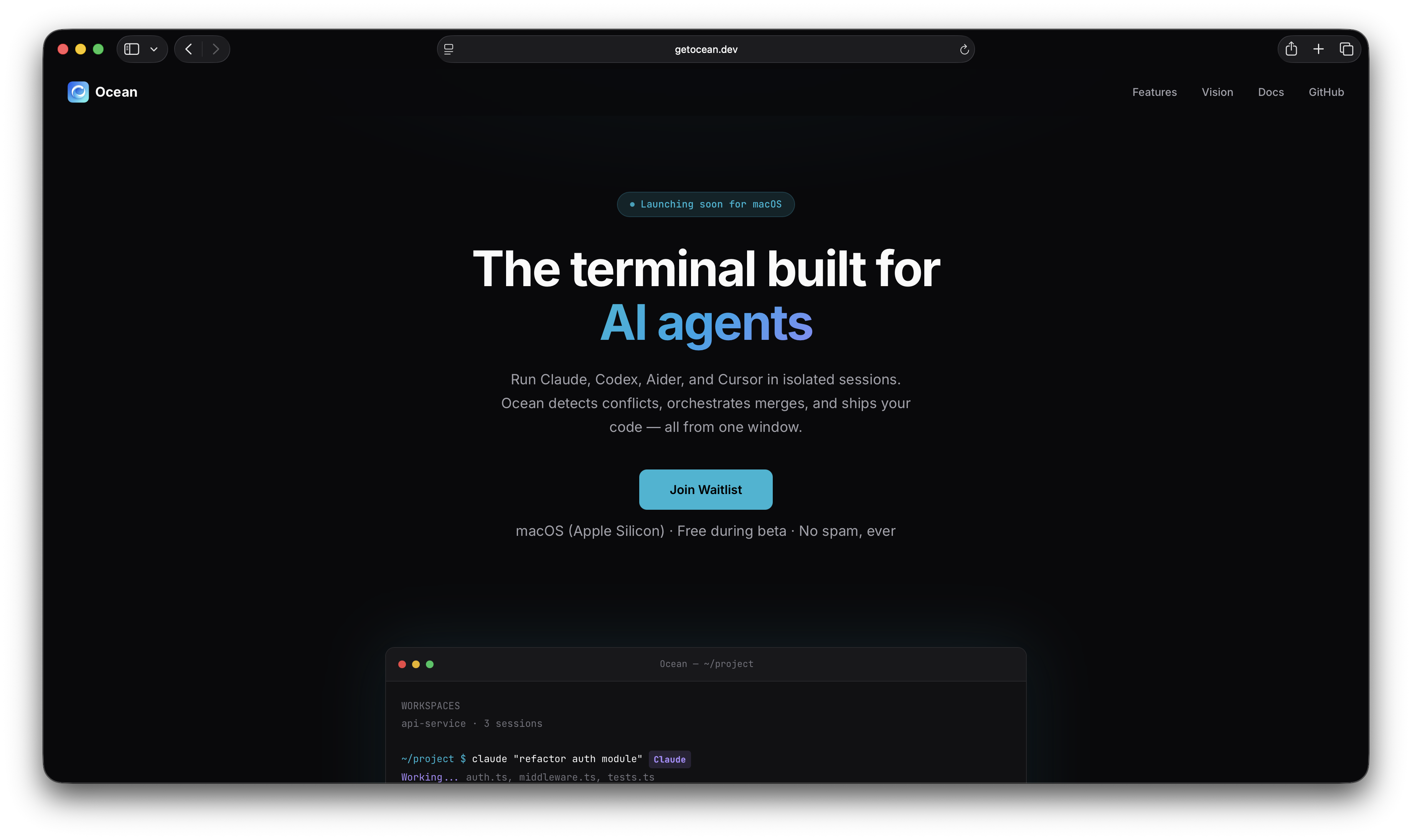 Ocean desktop interface with parallel agent development sessions